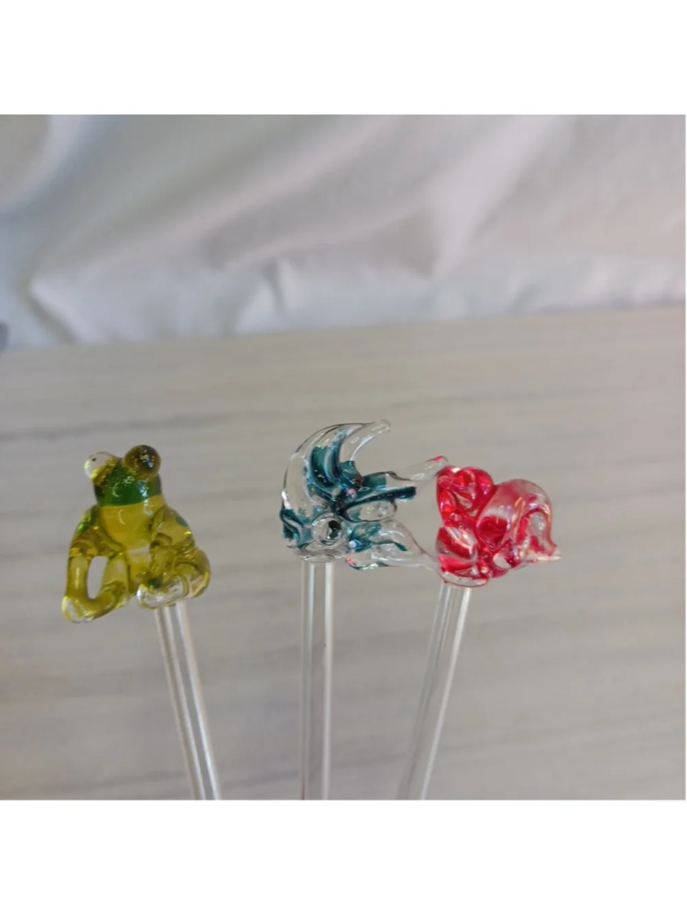 Vintage Blown Glass Swizzle Sticks Frog Fish Bird 3 Pc